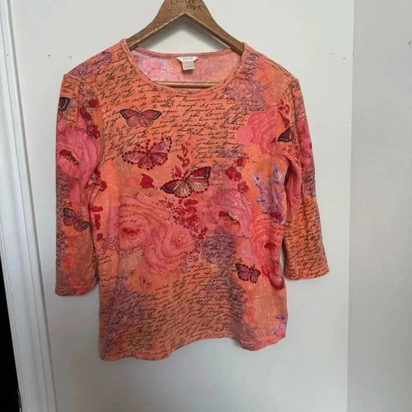 Women's Orange Butterfly Print Top Y2K Sequins beaded Fairycore L - Picture 2 of 6